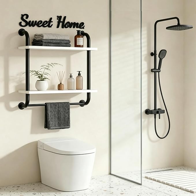 Tinpin Bathroom Shelves Wall Mounted, Rustic Farmhouse Pipe Shelves 2-Tier, Floating Shelf Wall Decor for Bathroom, Kitchen, Bedroom, Living Room Thanksgiving Day 17.3in White