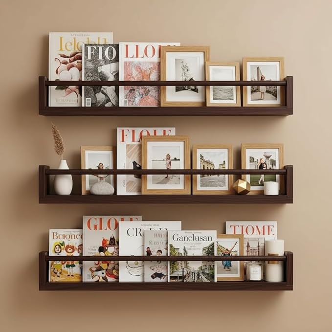 Set of 3 Kids Floating Bookshelves Deep Walnut – 24 Inch Wall Mounted Nursery Book Shelves with Safety Rail – Ideal Storage & Display Shelf for Nursery, Bedroom, and Playroom