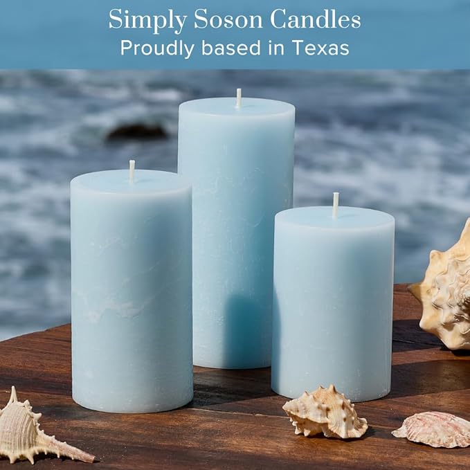 Simply Soson 3x4, 3x6, 3x8 inch Light Blue Pillar Candles, Set of 3 Pillar Candles, Rustic Texture, Unscented Candles, Dripless Candles, Ideal as Wedding, Parties, Spa, Dinner, Home Decor, Church