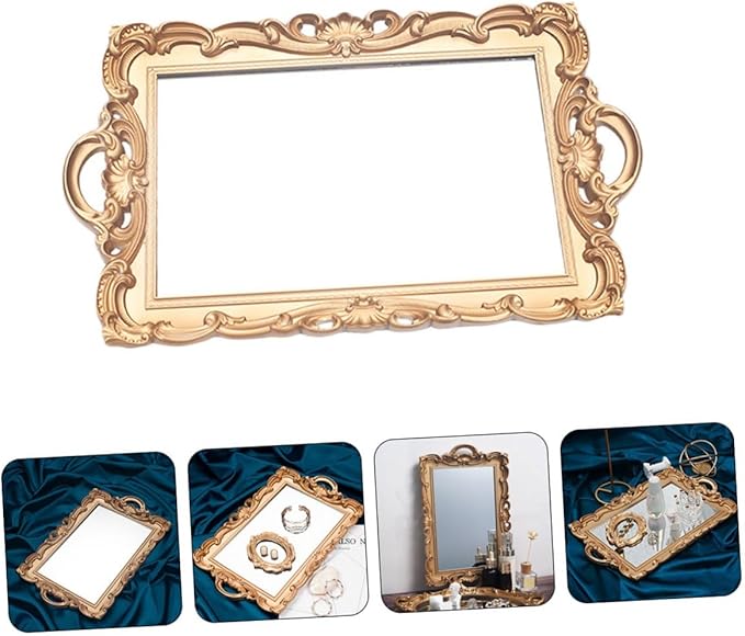 BESPORTBLE Retro Mirror Tray Decorative Makeup Organizer Cosmetic Storage Plate Golden Rectangular Photo Prop for Vanity and Perfume Display