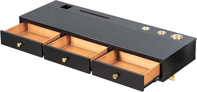 47-Inch Floating Shelf Wall-Mounted Vanity Table with Drawer, Makeup Desk, Closet Organizer, Black, MDF+Glass