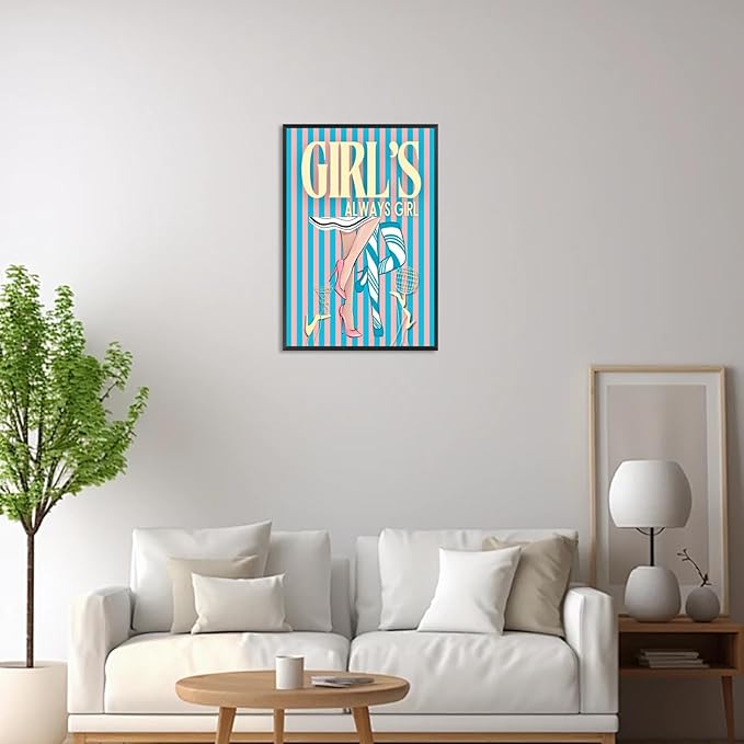 Trendy Always Girls High Heels Poster Funny Cocktail Disco Ball Canvas Wall Art Preppy Blue And Pink Stripes Feminine Girly Prints Painting For Living Room Bedroom Wall Decor 12x16in Framed