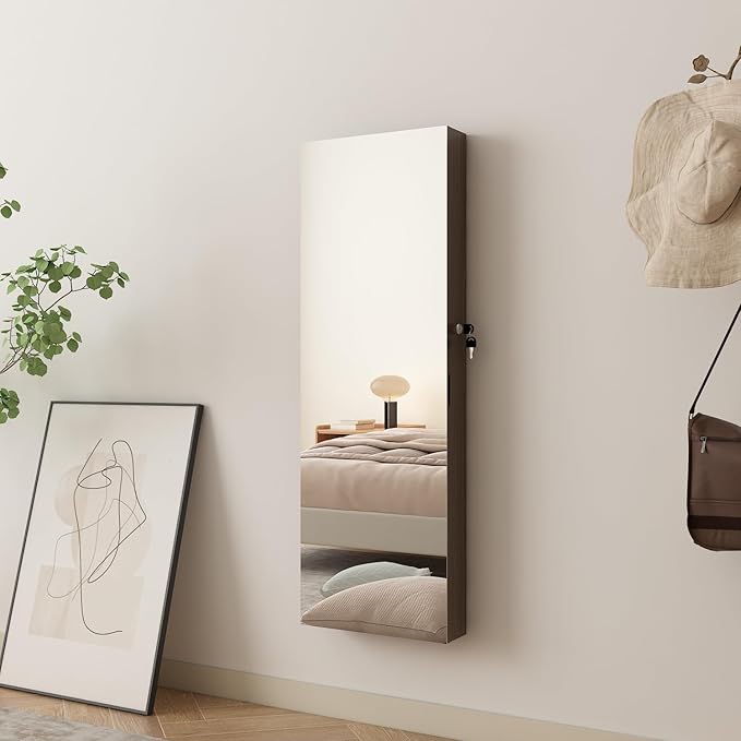 LED Jewelry Cabinet Armoire Organizer,Wall/Door Mount Jewelry Organizer and Storage with Full-Length Mirror Hanging Jewelry Organizer Full Length Mirror with Storage Large Capacity Brown