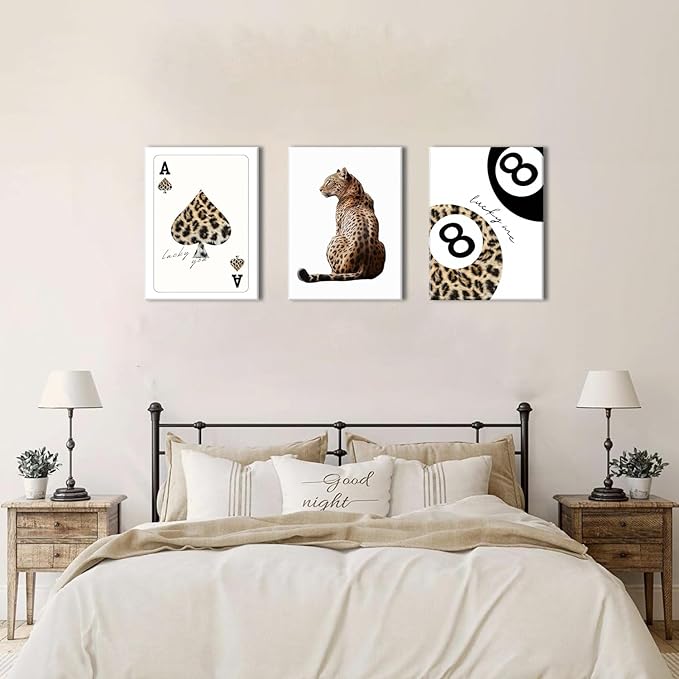 Trendy Leopard Canvas Wall Art Set of 3 - Cheetah Prints Wall Decor Pictures, Funky Lucky You 8 Ball Poster Preppy Aesthetic Paintings, for Girls Bedroom Dorm Apartment 12x16 inch Framed