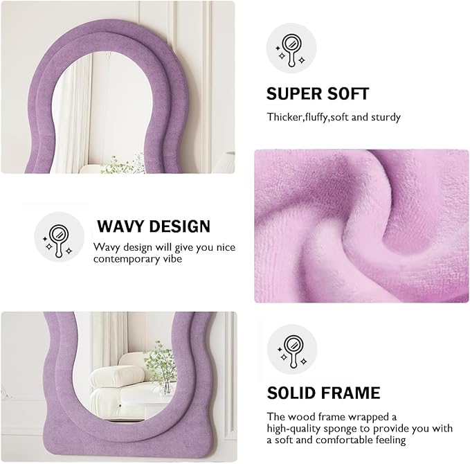 Dewfig Wavy Full Length Mirror with Stand, 63" x 24" Irregular Floor Mirror, Large Floor Length Mirror, Freestanding/Leaning/Wall Mounted, Flannel Wrapped Wooden Frame for Bedroom/Living Room, Purple