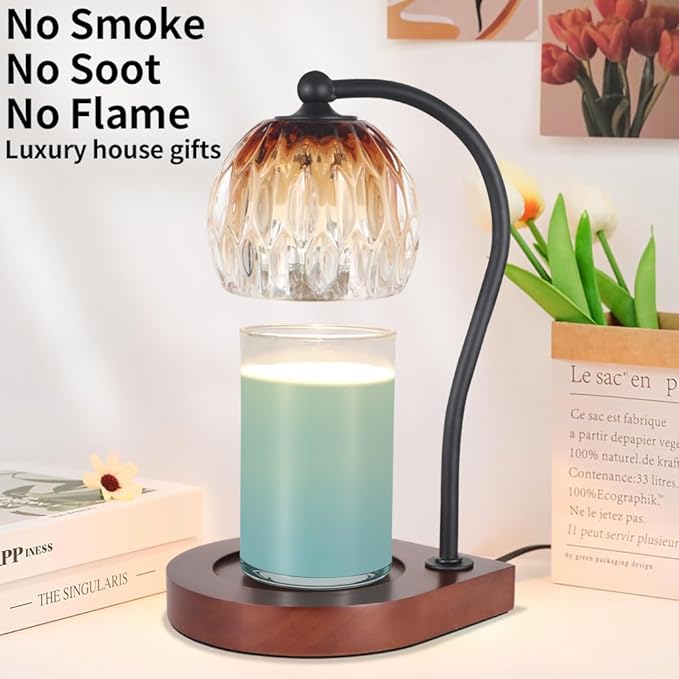 Electric Candle Warmer Lamp with Timer&Dimmable for Jar Scented Candles, Wax Melting Tabletop Light Suitable as a Home Decor Thanksgiving Christmas Day Gift for Women Mom, with 2 Bulbs(Glass Brown)