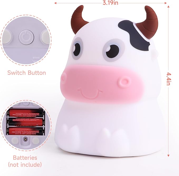 AVEKI Night Light for Kids, Portable Tap Control Nightlight Lamp, 7 Colors Mode, Silicone Cute Animal Cow LED Nursery Night Lamp Bedroom Decor for Baby Infant or Toddler (Cows-Battery Powered)