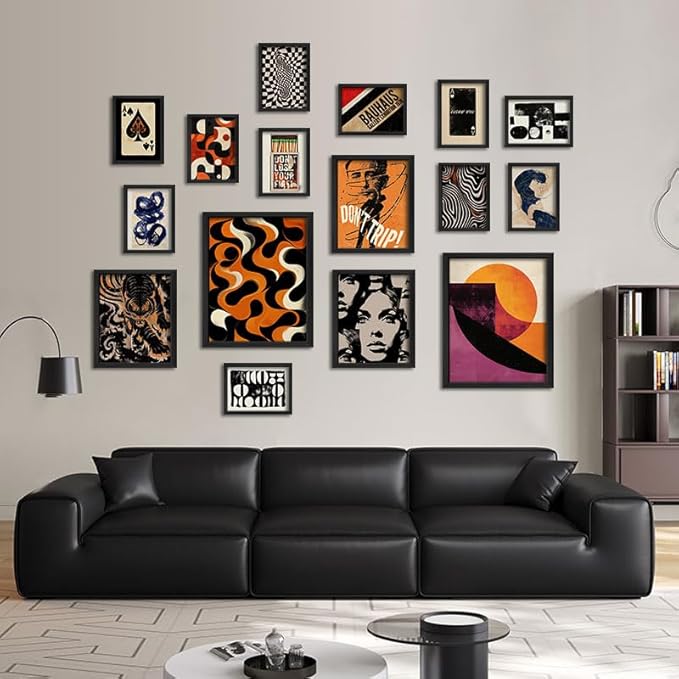 ANERZA 16 PCS Retro 70s Wall Art Decor, Eclectic Vintage Gallery Wall Prints for Bedroom, Abstract Minimalist Posters for Living Room Aesthetic, Collage Kit Pictures, 60s 80s 90s Dorm Home Decor