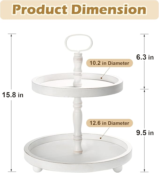 Wooden Two Tiered Tray Stand, Farmhouse Round 2 Tier Decorative Tray for Home Kitchen Table Decor, Serving Tray for Coffee Bar Party Weddding Holiday Decorations Fruits and Cupcake Display (White)