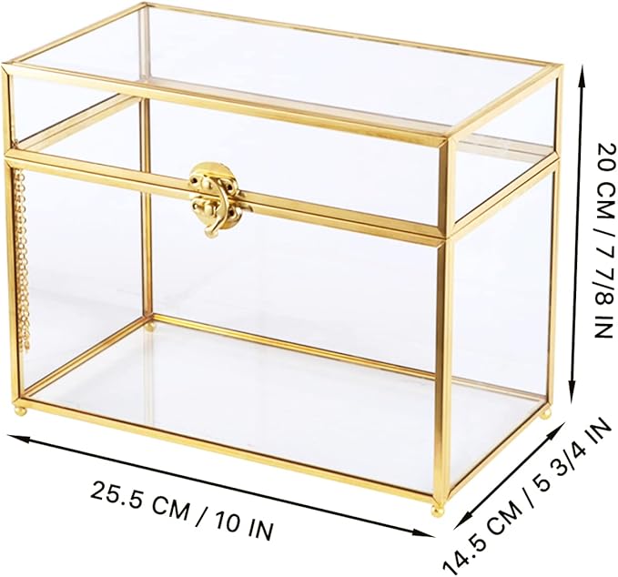 Vellon Gold Clear Glass Wedding Gift Card Box with Buckle Lock, Desktop Cosmetic Storage Organizer with Lib, Keepsake Box/Makeup Container, Golden Jewelry Box