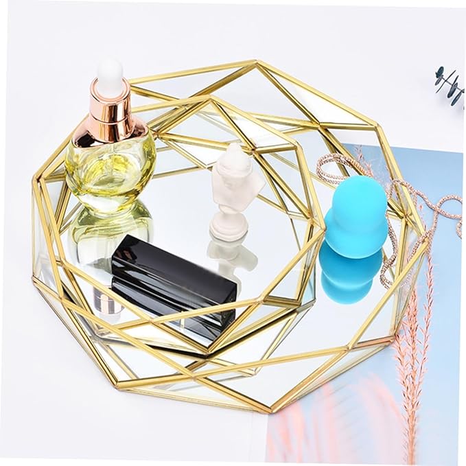 PRETYZOOM Geometric Mirror Glass Tray for Jewelry Storage Decorative Makeup Organizer Perfume Tray