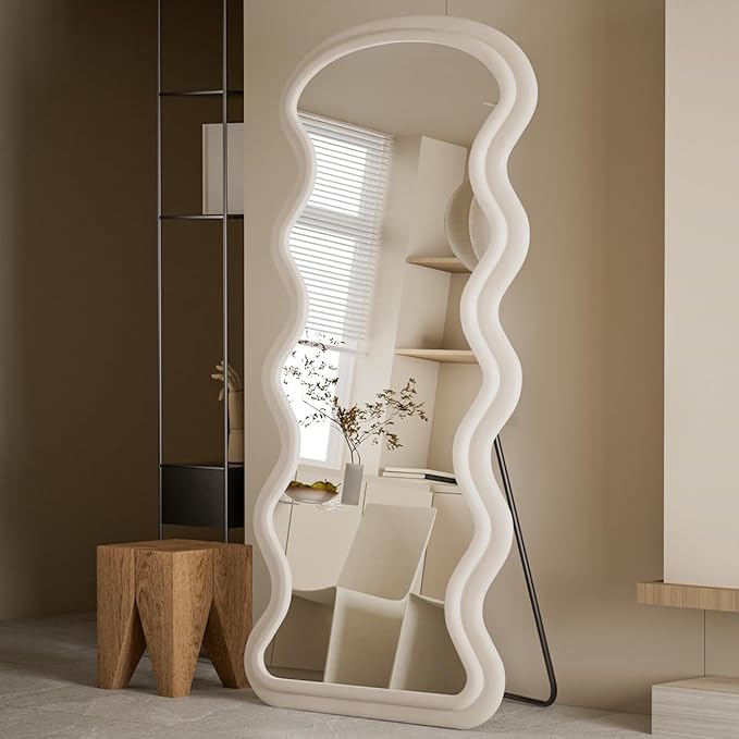 Koonmi 63"x24" Wavy Mirror Full Length, Flannel Floor Mirrors, Irregular Wavy Standing Mirror Wall Mounted with Flannel Wrapped Frame for Bedroom & Living Room, White
