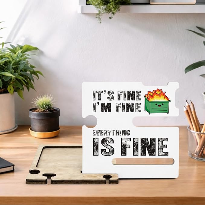 Funny Office Gift - Multi-functional Desk Organizer - Humorous Dumpster and Fire Office Quote Wooden Decor Sign for Women Desk Shelf Table