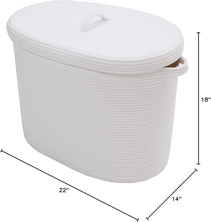 22"x14"x18" Rectangular Extra Large Storage Basket With Lid, Large Cotton Rope Storage Basket, Woven Laundry Hamper, Cloth Storage Bin, for Clothes Towels Blankets in Living Room, All White