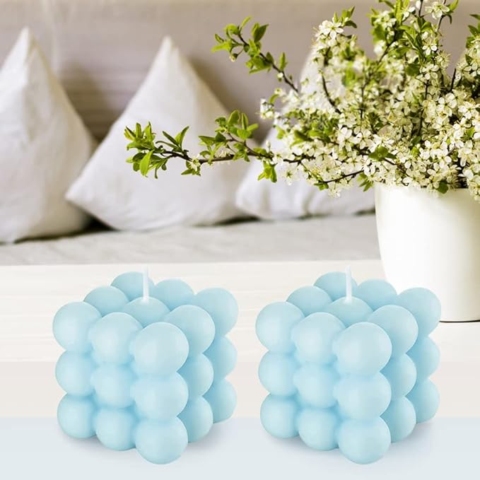 Blue Bubble Candle Gifts - Fresh Scented Scandinavian Cube Candles, Danish Pastel Decor for Room/Bathroom & Floating Shelves, Valentine Gifts for Women 2PCS