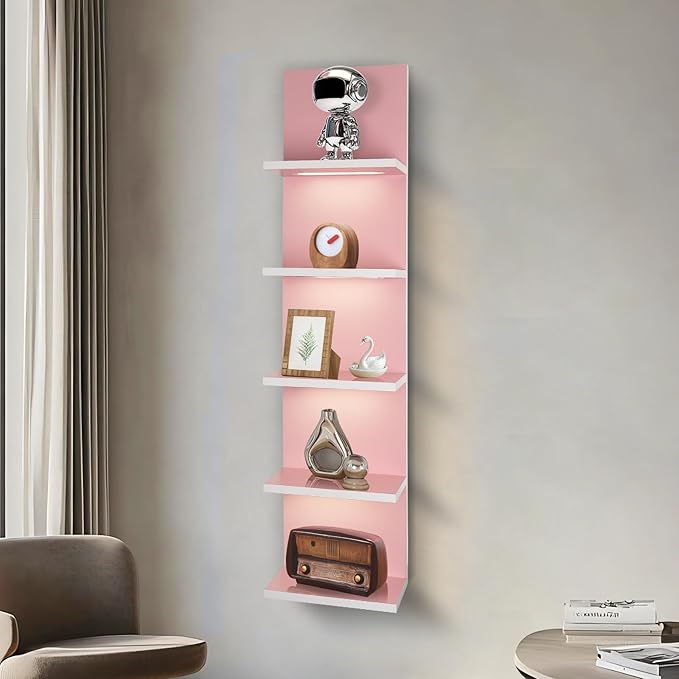 5 Tier Pink Wall Shelf Unit, Pink Shelves, Wall Shelves for Bathroom,Bedroom, Vanity Shelves, Wall Mount Vertical Lack Shelf with led