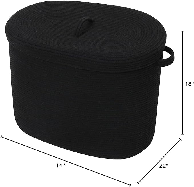 22"x14"x18" Rectangular Extra Large Storage Basket With Lid, Large Cotton Rope Storage Basket, Woven Laundry Hamper, Cloth Storage Bin, for Clothes Towels Blankets in Living Room, All Black