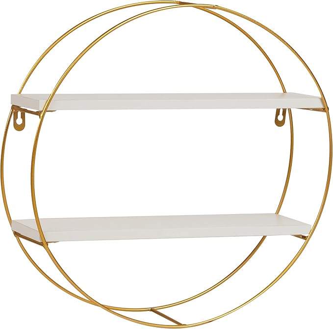 Mind Reader Floating Round Wall Shelves, Gold Metal Frame with Dual White Display Shelves, Decorative Wall-Mounted Organizer for Living Room, Office, or Bathroom, Metal. MDF, White