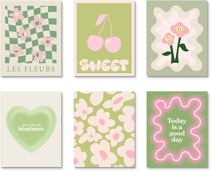 Habseligkeit Green Danish Pastel Wall Decor for Girls Dorm, Aesthetic Cute Room Decor, Preppy Wall Art Prints for Room Decor Aesthetic Unframed, 11x14in, Set of 6