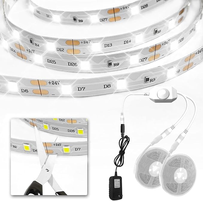 VOLIVO White LED Strip Lights, 50ft Dimmable 24V LED Lights 6500K Bright Daylight White, Strong Adhesive, Flexible Tape Light for Mirror, Kitchen Cabinets, Bedroom