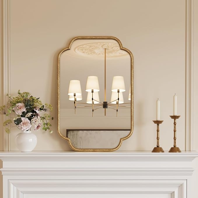 Uniclinens Gold Scalloped Mirror Wall Decor - Large Decorative Wall Mirror 36"X24" with Vintage Baroque Metal Frame, Ideal for Entryway, Fireplace, Living Room, Hallway, Bathroom