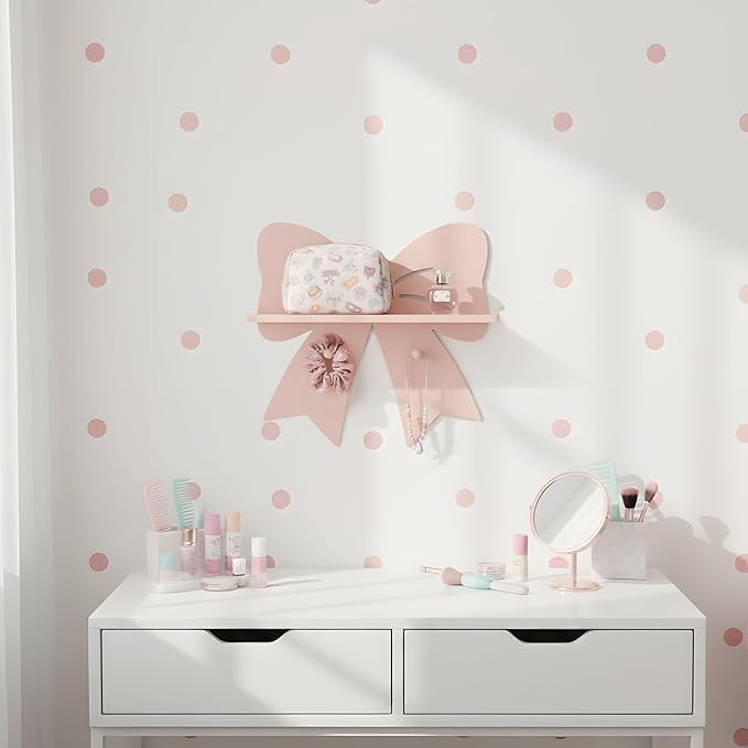 Bow Shaped Floating Shelf with Hooks - Cute Pink Wooden Wall Decor for Girls Nursery & Bedroom, Trinket Display Organizer