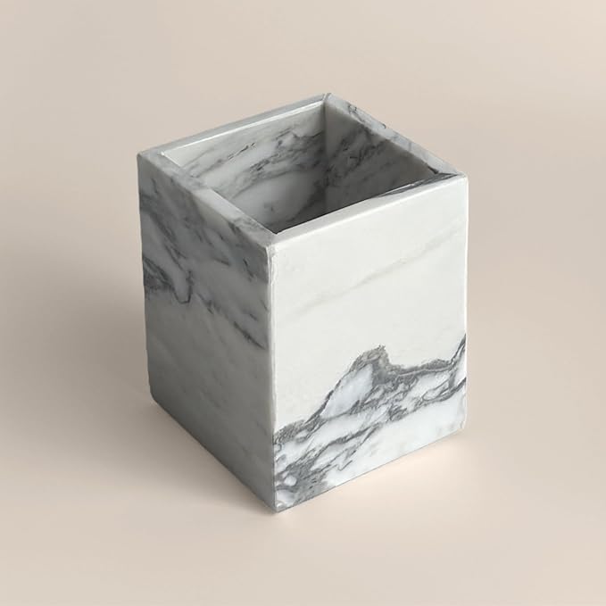 Natural Marble Stone Square Storage Container Empty Vessel Holder Cup for Candle/Pens/Sundries items (Arabescato White)