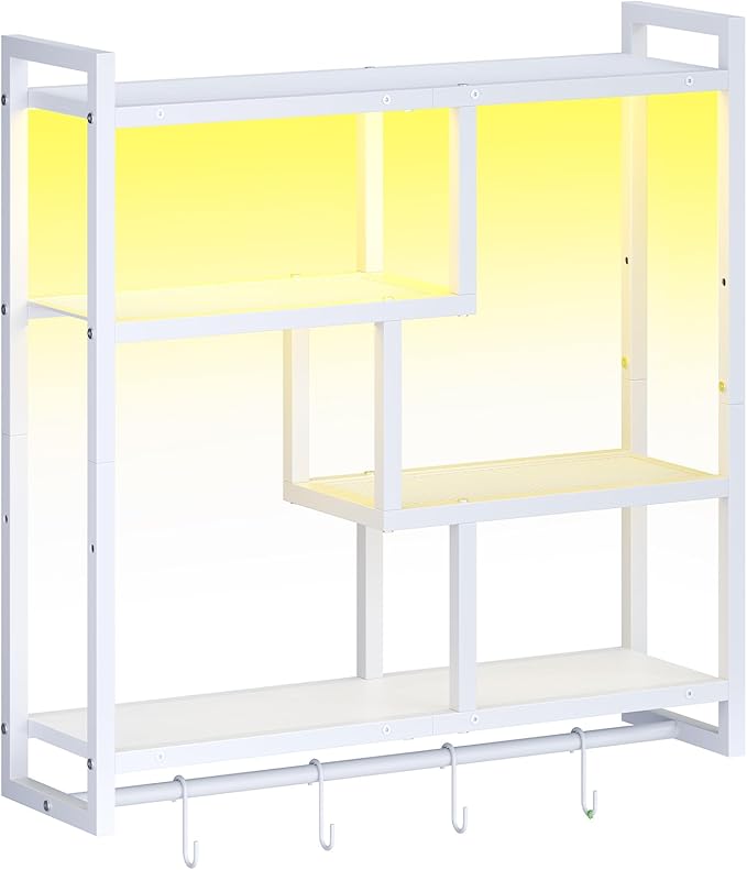 HOOBRO Gaming Floating Shelves with LED Lights, 28.7" LED Wall Mounted Shelf, 4-Tier Floating Wall Shelf for Storage, Display Rack with Hanging Bar and 4 S Hooks, for Gaming Room, White WT37DBJ01