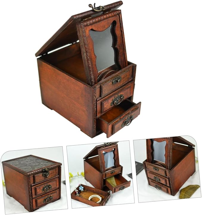 Mobestech Vintage Chinese Jewelry Box with Mirror Elegant Wooden Jewelry Organizer for Women Storage for Earrings Necklaces and Special Occasions