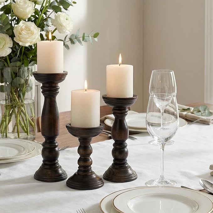 Farmhouse Wooden Candle Holders for Pillar Candles Set of 3, Rustic Wood Candle Holder Table Centerpiece Decor, 12'' 9'' 6'' Vintage Tall Candle Stand Decorative, Dark Brown