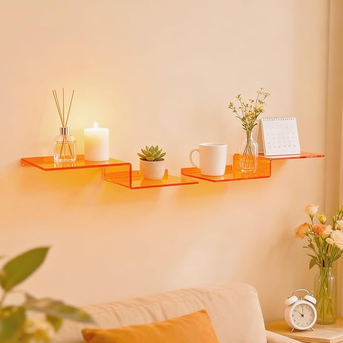 SetGame 2-Pack Acrylic Shelves Z-Shaped Display Stand Wall Mounted, 12 Inch Wall Storage Organizer for Toys, Books, Plants, Photos Album, Suit for Office, Living Room, Room Decor (Orange)