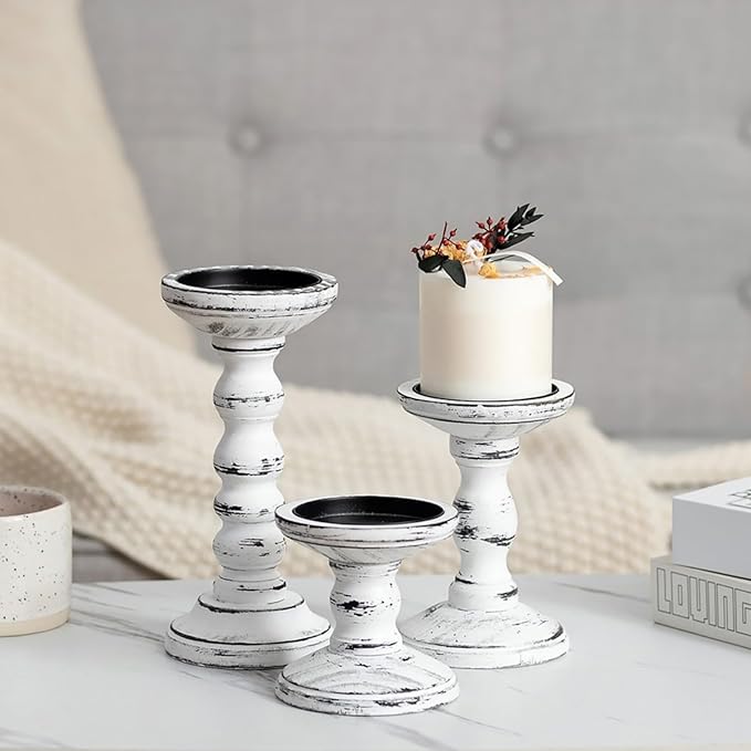 Candeldo Wood Candle Holders for Pillar: Rustic Candles Holder Set of 3 Table Centerpiece Decor Wooden White Farmhouse Decorations for Fireplace Mantle