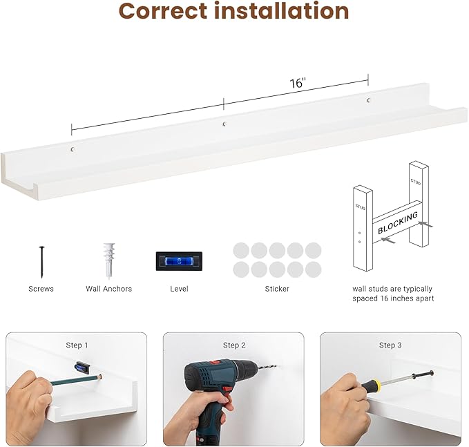 Heimlove 48 Inch Picture Ledge Shelf with Lip,White Floating Shelves for Wall Set of 3,Long Wall Shelves in Varying Depths for Living Room,Bedroom,Nursery,Bookshelf