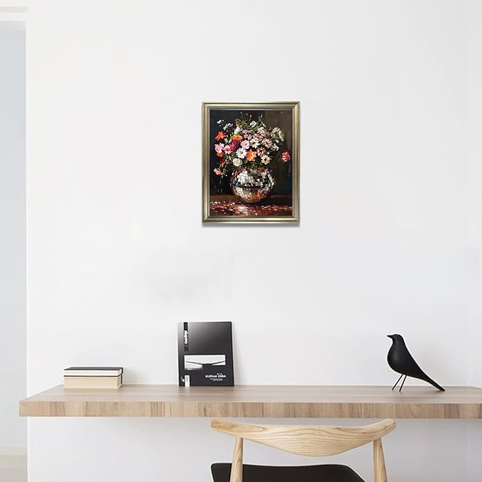 Disco Ball Wall Decor, Retro Eclectic Wall Art, Vintage Framed Colorful Moody Florals Painting, Maximalist Funky Flowers Bouquet Print Artwork