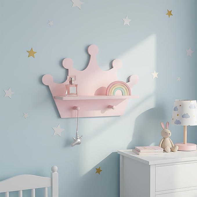 Pink Crown Floating Wall Shelf with Hooks, Princess Room Decor for Girls Bedroom, Nursery Organizer for Girls Room Storage