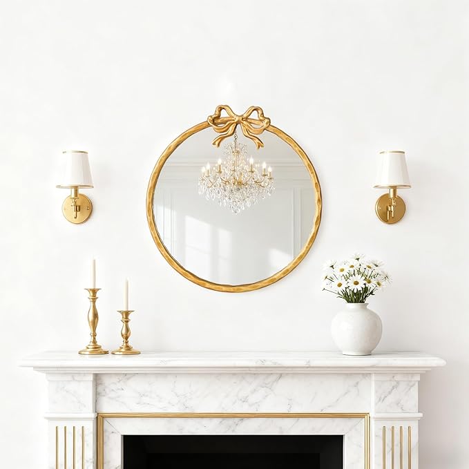 12 Inch Round Gold Mirror, Vintage Gold Mirror, Round Mirrors for Wall Decor, Antique Ornate Metal Circle Mirror with Baroque Bow for Bathroom Vanity Bedroom, Spring Women's Gift