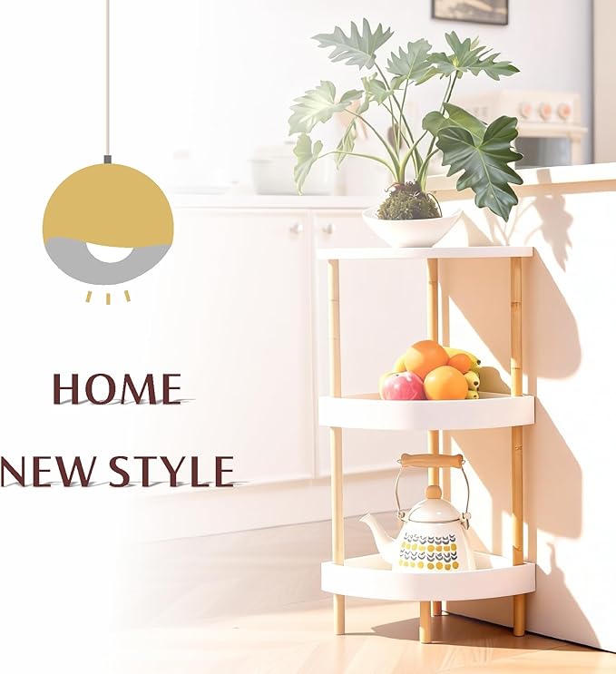 3-Tier Bamboo Corner Shelf - No Screws, Twist & Lock Assembly in 5 Mins, 5-Layer Lacquer Finish, Sturdy & Anti-Tip Design for Kitchen, Bathroom, Living Room, Easy to Clean