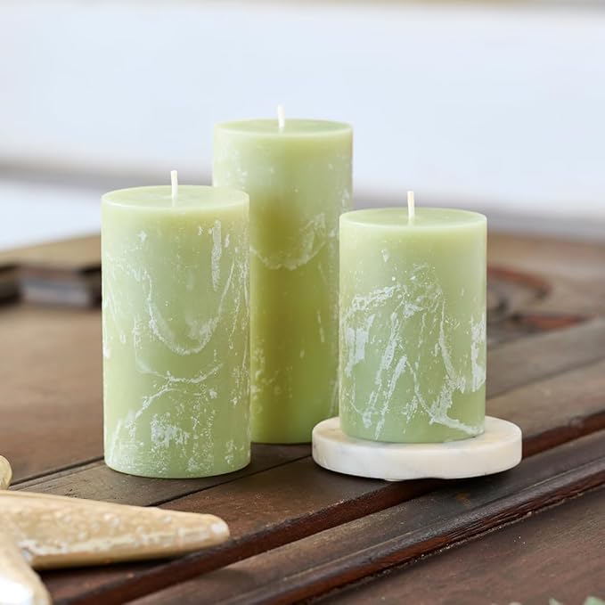 Green Scented Pillar Candles Set of 3, 3x4, 3x5, 3x6 Green Candles, Sage Pilar Scented Candle, Ideal as Wedding, Parties, Spa, Dinner, Home Decor, Church
