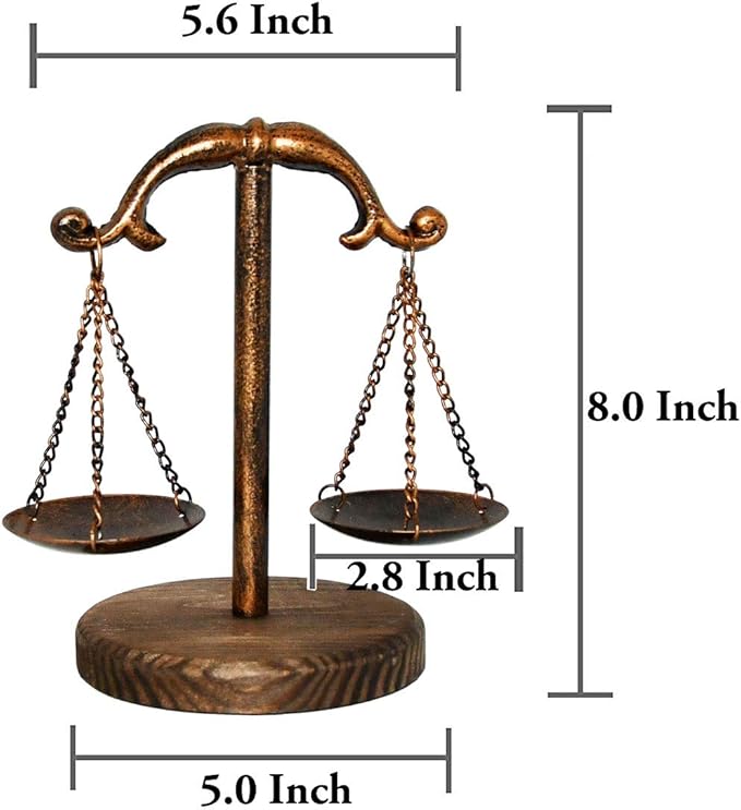 Owlgift Vintage Style Metal Libra Jewelry Tower Tray w/Wooden Base Cosmetic Organizer Storage, Lawyer Scale of Justice, Farmhouse Candleholder, Home Décor Antique Weight Balancing Scale – Bronze