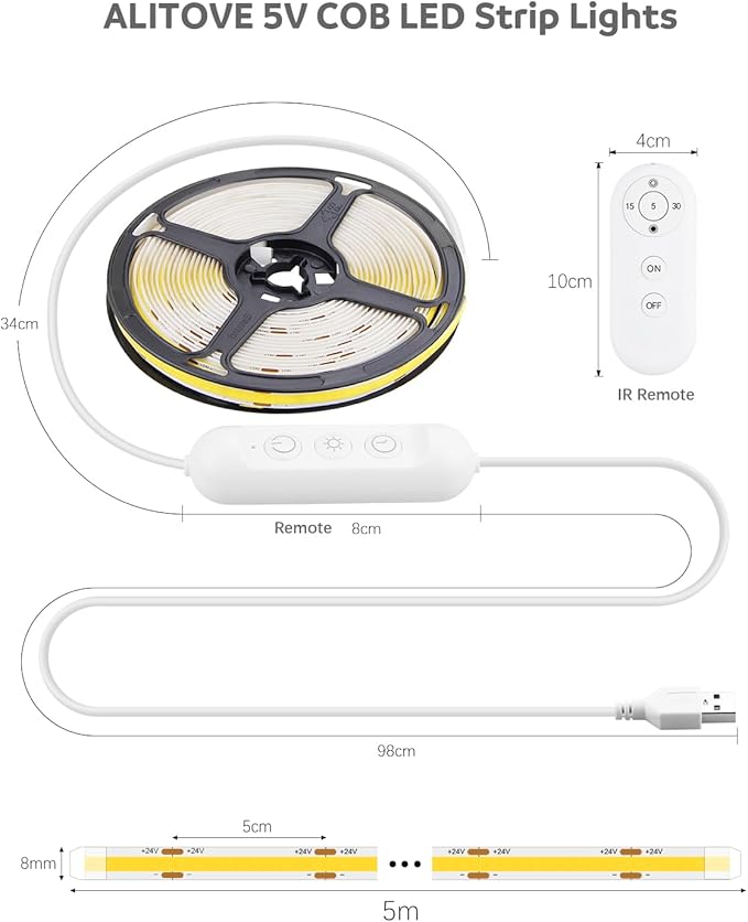ALITOVE LED Light Strip 5V USB 16.4FT 4000K White COB LED Strip Light with Remote Ultra Bright White LED Lights Dimmable Flexible Tape Lights for Mirror Cabinet Living Room Kitchen Ceiling Closet