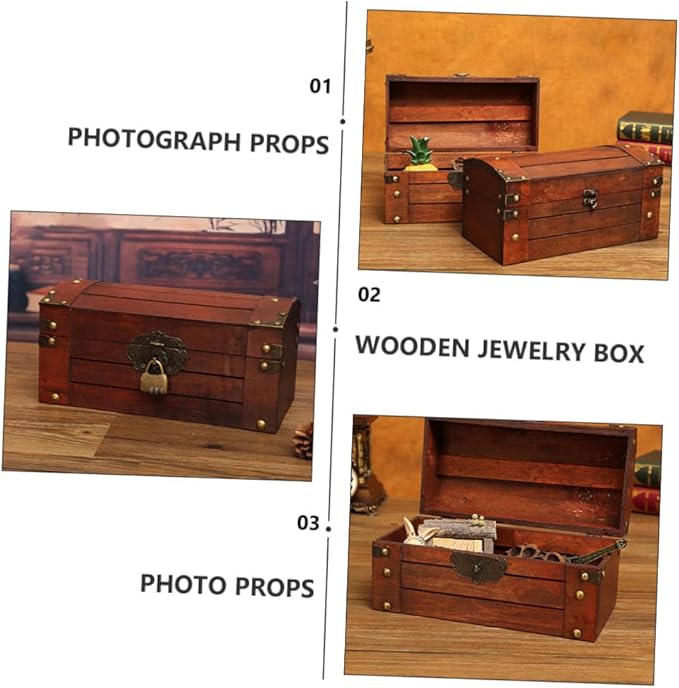 Veemoon Decorative Box Vintage Wooden Treasure Chest Storage Box with Lock Jewelry Case Makeup Storage Organizer Desktop Sundries Container Photo Prop for Home Bathroom Office Keepsake es