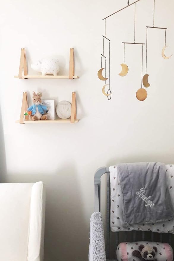 Mkono Hanging Shelf Wall Wood Floating Storage Shelves Leather Strap Swing Organizer for Nursery Bedroom Living Room Bathroom Dorm, Set of 2