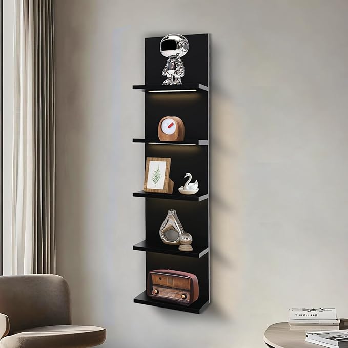 5 Tier Wall Shelf Unit, Black Shelves,Lack Shelf, Wall Shelves for Bedroom,Office,Bathroom, Vanity Shelves with LED Remote Control Light