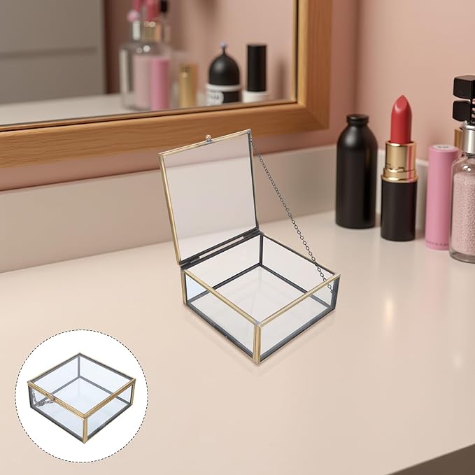 Abaodam Vintage Glass Jewelry Box with Lid, Trinket Storage Case, Dustproof Makeup and Ring Organizer for Women, 3.93 X 3.93 X 1.77 Inches, Decorative Keepsake Chest for Dresser
