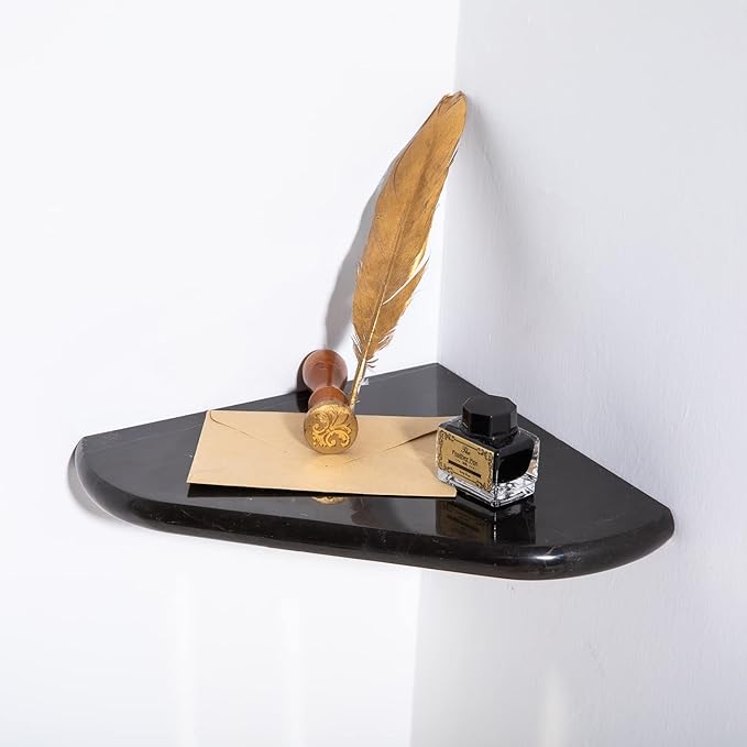 Lovdeco Marble Corner Shelf Wall Mount, Nero Marquina Black Marble Corner Shower Shelf, Polished 8" Round Edge Corner Shelves for Bathroom, Kitchen, Office, Living Room, 1 Piece