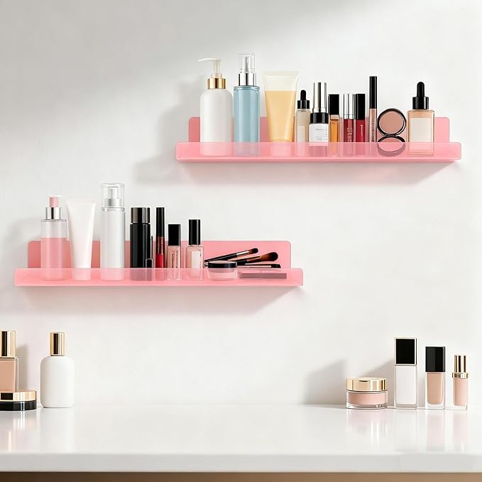 Dezzer 4 Pack Acrylic Shelves for Wall, 15" Acrylic Floating Shelves for Bathroom Bedroom, Invisible Bookshelf Wall Ledge Storage Shelf Books Perfume Toys Action Figure Display Shelves, Pink