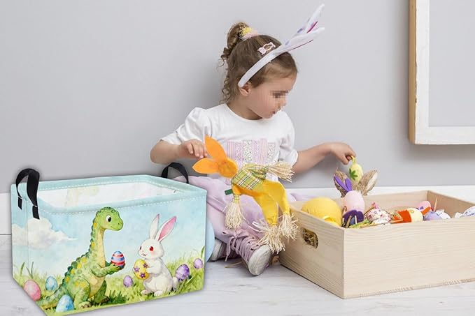 Essme Rectangular Easter Dinosaur Baskets,Kids Storage Box,Cute Basket for Kids with Handles for Room Decor, Book Bins,Shelf Basket.(Dinosaur)