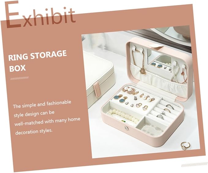 Healeved Portable Jewelry Box with Mirror, Pu Pink Necklace and Earring Holder, Rings Organizer and Cosmetics Storage Case for Women Travel and Daily Use