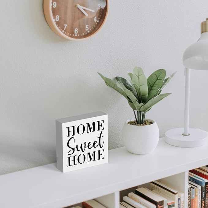 Home Sweet Home Rustic Farmhouse Style Wood Sign Art 5 x 5 Inch Wooden Box Plaque for Living Room Desk Décor Gift