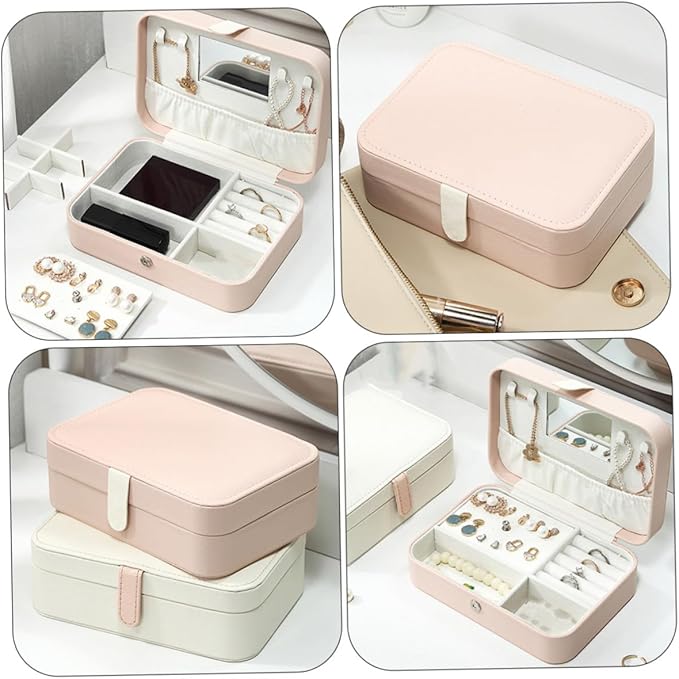 Portable Jewelry Box with Mirror for Earrings and Necklaces, Pu Leather Ring Organizer and Cosmetics Holder, Compact Jewelry Storage Case for Travel and Desktop Use, Pink